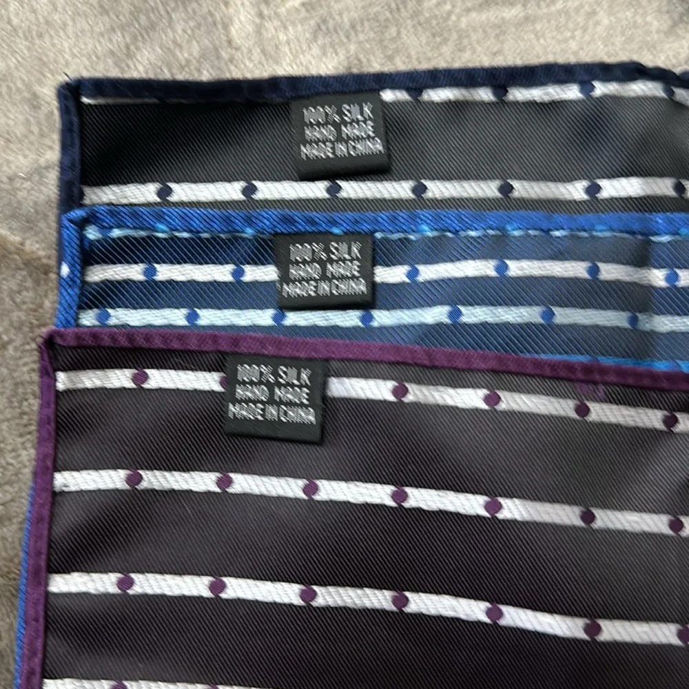 Three Men’s Pocket Square. Navy Blue, Cobalt Blue, and Purple. With Polka Dots. - Picture 2 of 5